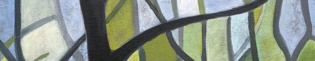 A green abstract extract from a painting that can be seen later on the site, patterns of leaves and intertwining branches in blues and greens