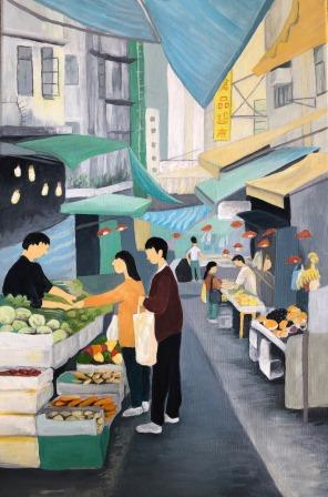 Morning in the Market - Hong Kong, acrylic painting by Judy Randle, Sheffield Artist, busy market scene, lots of vegetables, fruit for sale, colourful, awnings over the stalls, Central Hong Kong