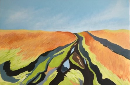 Path leading across the moors, acrylic painting by Judy Randle Sheffield Artist, oranges and greens, colourful, blue sky reflected in the water, happiness