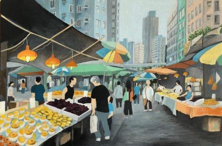 Saturday Morning in the Market - Hong Kong, acrylic painting by Judy Randle, Sheffield Artist, busy market scene, lots of vegetables, fruit for sale, colourful, umbrellas over the stalls, skyscrapers in the distance