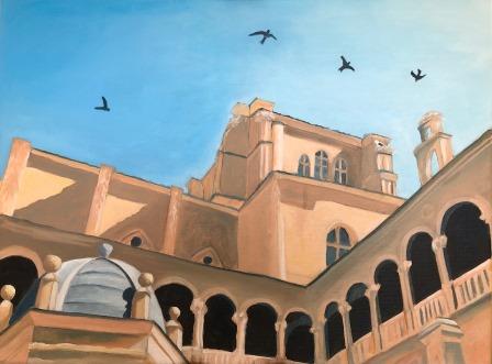 Summer Swifts over an ancient monastery, heat reflected off the buildings, acrylic painting by Judy Randle, Sheffield artist, blue sky, joyful scene