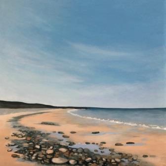 Summer's Day Walk on the Beach, Judy Randle, Sheffield Artist, acrylic painting, sandy beach, pebbles, big blue sky, happiness, whisps of clouds
