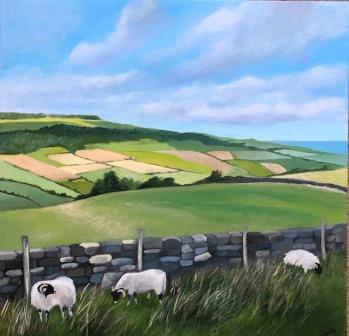 Judy Randle Artist Sheffield, Summer's Day Walk on the Moors, green fields with sheep, sea in the distance, blue sky and clouds, colourful, acrylic painting 