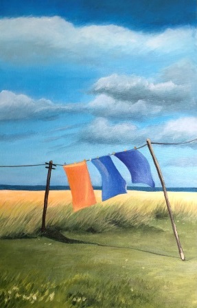 Washing Dancing by the Sea, acrylic painting with colourful towels, washing line, grasses blowing in the wind and clouds , blue sky