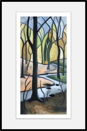 Giclee Print of Woodland Stream In Summer with a frame, Inframe Gallery Sheffield, colourful, happy, semi abstract, contemporary painting, Judy Randle, Sheffield artist