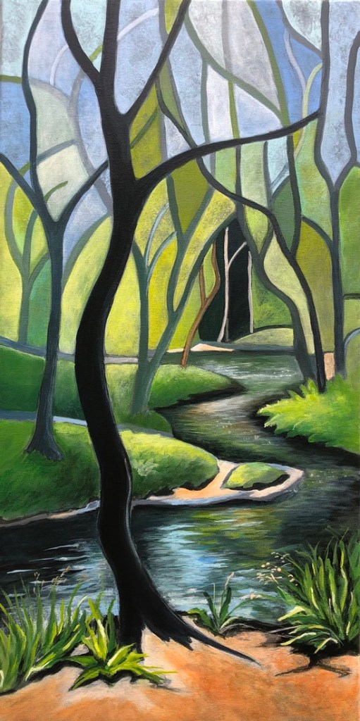 Woodland Stream In Spring, colourful, kingfisher, Inframe Gallery Sheffield, colourful, happy, semi abstract, contemporary painting, Judy Randle, Sheffield artist