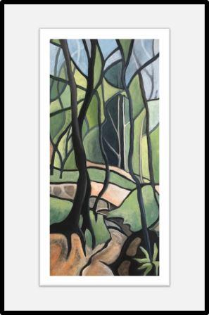 Print of Woodland Stream In Summer with a frame, Inframe Gallery Sheffield, colourful, happy, semi abstract, contemporary painting, Judy Randle, Sheffield artist
