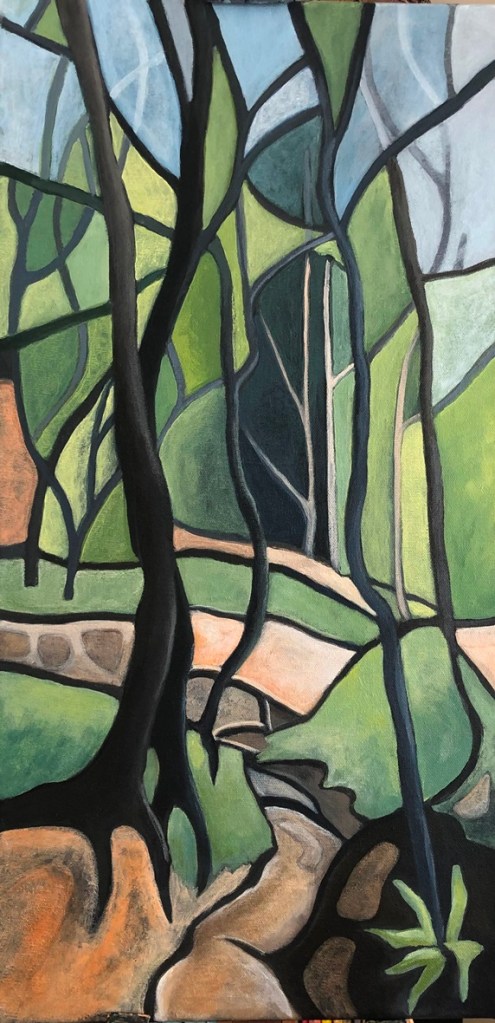 Woodland Stream In Summer, Inframe Gallery Sheffield, colourful, happy, semi abstract, contemporary painting, Judy Randle, Sheffield artist