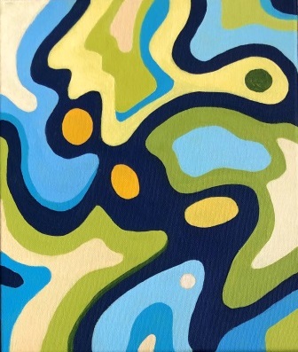 Connections 1 - part of a diptych, colourful, abstract  acrylic painting by Judy Randle in blue green and yellow of a happy person dancing at a carnival