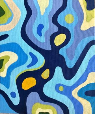 Connections 3 - colourful happy abstract acrylic painting by Judy Randle of a person floating in the sea