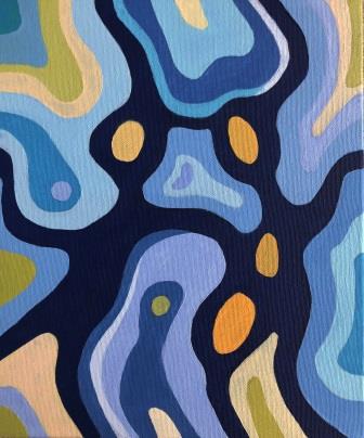 Connections 3 - colourful abstract acrylic painting by Judy Randle of a family dancing at a party in blue, yellow and purple with a hint of green