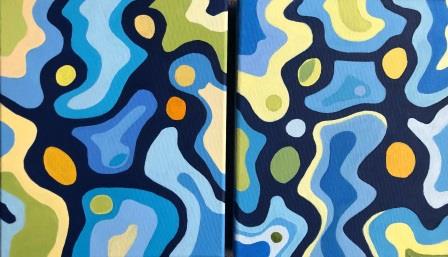 Colourful acrylic, abstract paintings of people dancing at a party in the Connections series by Judy Randle, Sheffield artist. Happy image of people dancing in blues, yellows and greens.