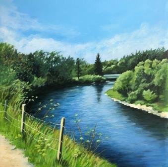 Colourful acrylic painting of a walk by a blue Scottish river in Spring. Green trees and grass, a blue sky. A path leads us into the painting.