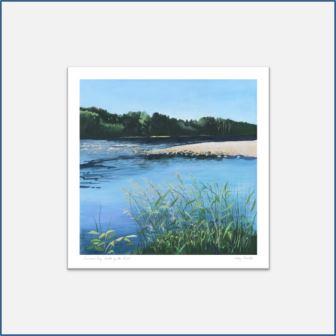 A mounted giclee print of a colourful acrylic painting by Judy Randle, Sheffield artist of a river - Summer's day walk by the River, colourful, grasses in the foreground and trees in the distance, salmon river, happy place