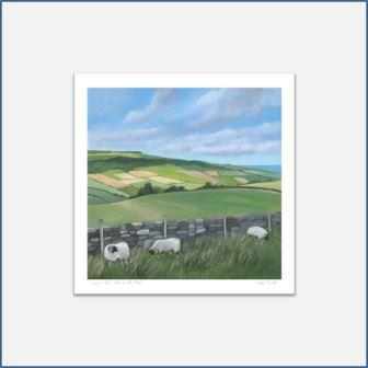 Mounted giclee print of an acrylic painting by Judy Randle, Sheffield Artist, Summer's Day Walk on the Moors, green fields with sheep, sea in the distance, blue sky and clouds, colourful painting 
