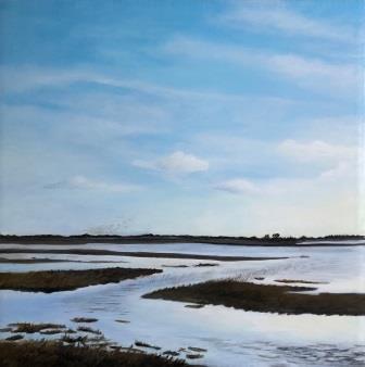 Winter Walk at Frampton Marshes, big blue sky and reflections in the water. Mumerations of golden plovers overhead. Colourful acrylic painting by Judy Randle