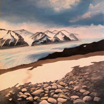 Acrylic Painting by Judy Randle of snow, a glacier, mountains and morraine in Patagonia. There is a blue sky with fluffy white clouds