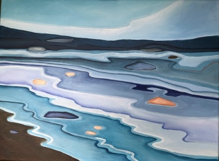 Mounted giclee print of an abstract painting in shades of blue by Judy Randle, 'By the Water' available from All Good Stuff Butcher Works Sheffield