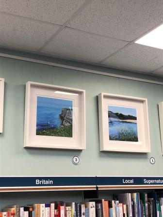 Colourful giglee prints in blues and greens by Judy Randle of Bempton Cliffs and Summer's Day Walk by the River 