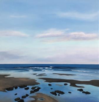 A colourful acrylic painting of a blue sky and pools of water on a sandy beach.