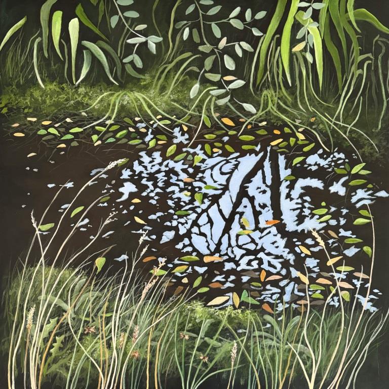 Acrylic painting of a mountain pool in Scotland with grasses in the foreground and scattered blue reflections in the water