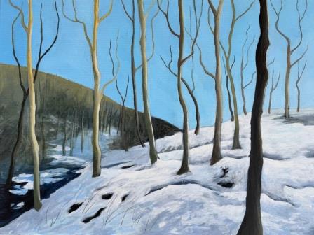 acrylic painting of a snowy scene with blue sky and bare tree trunks